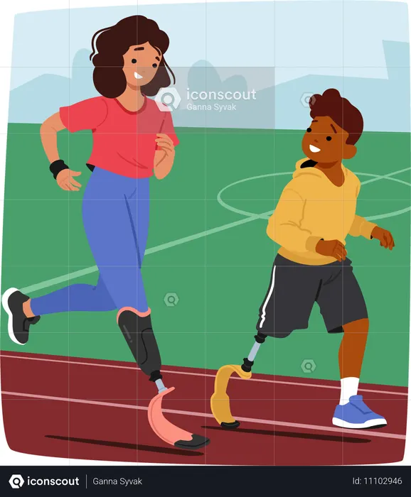Two Kid Athletes With Prosthetics Legs Actively Engaged In Running Session On Sports Track  Illustration