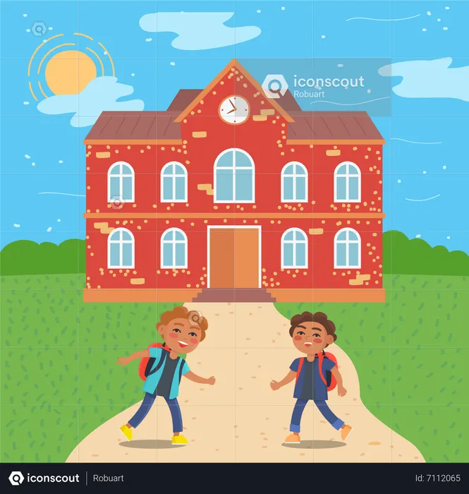 Two kids standing infront of red brick school building  Illustration