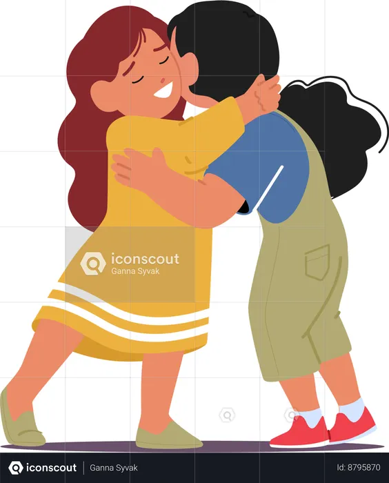 Two Little Girls In Warm Hug  Illustration