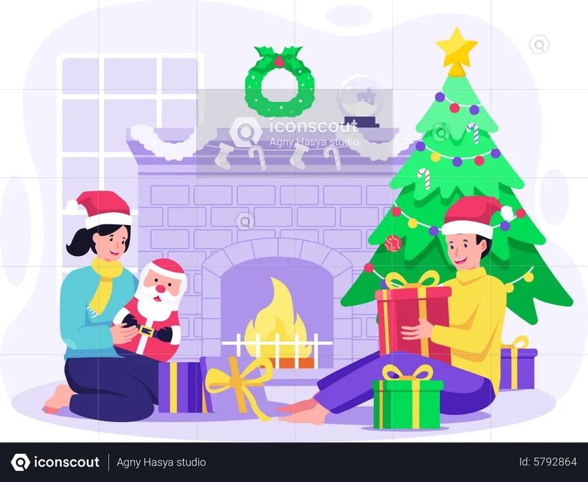 Two little kids opening Christmas gifts  Illustration