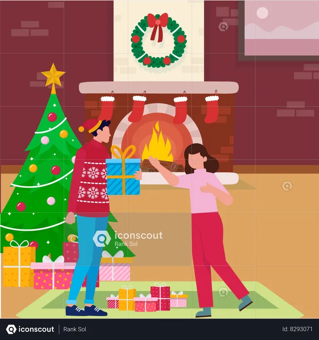 Two little kids opening Christmas gifts  Illustration