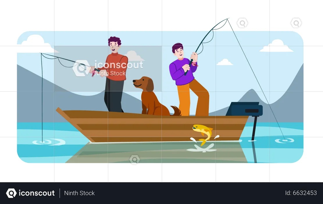 Two man standing in boat and catching fish  Illustration