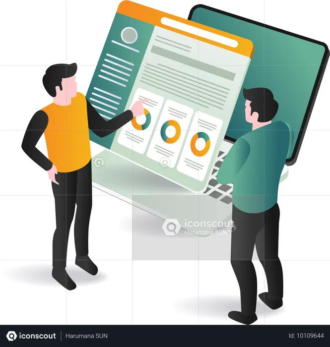 Two men observe laptop screen filled with graphs and charts collaborating on data analysis  Illustration