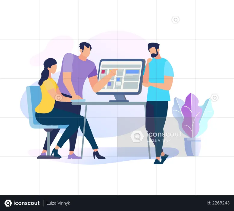 Two Men Stand At PC Explain Information To Girl Illustration Free Download Business