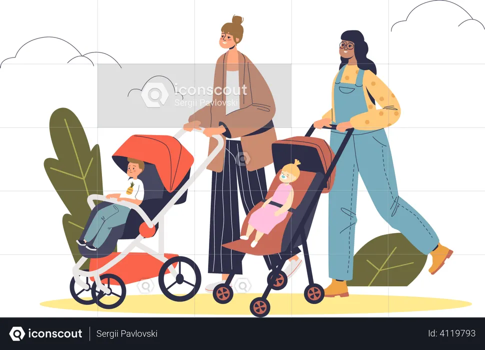 Two mothers walking with babies in strollers  Illustration