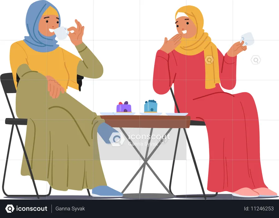 Two muslim woman sitting and enjoying tea  Illustration