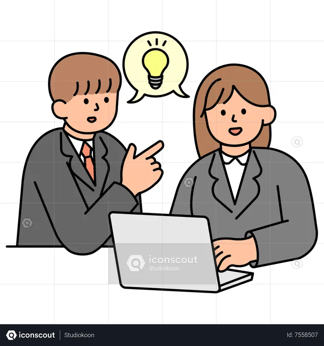 Two Office Employees Brainstorming Ideas  Illustration