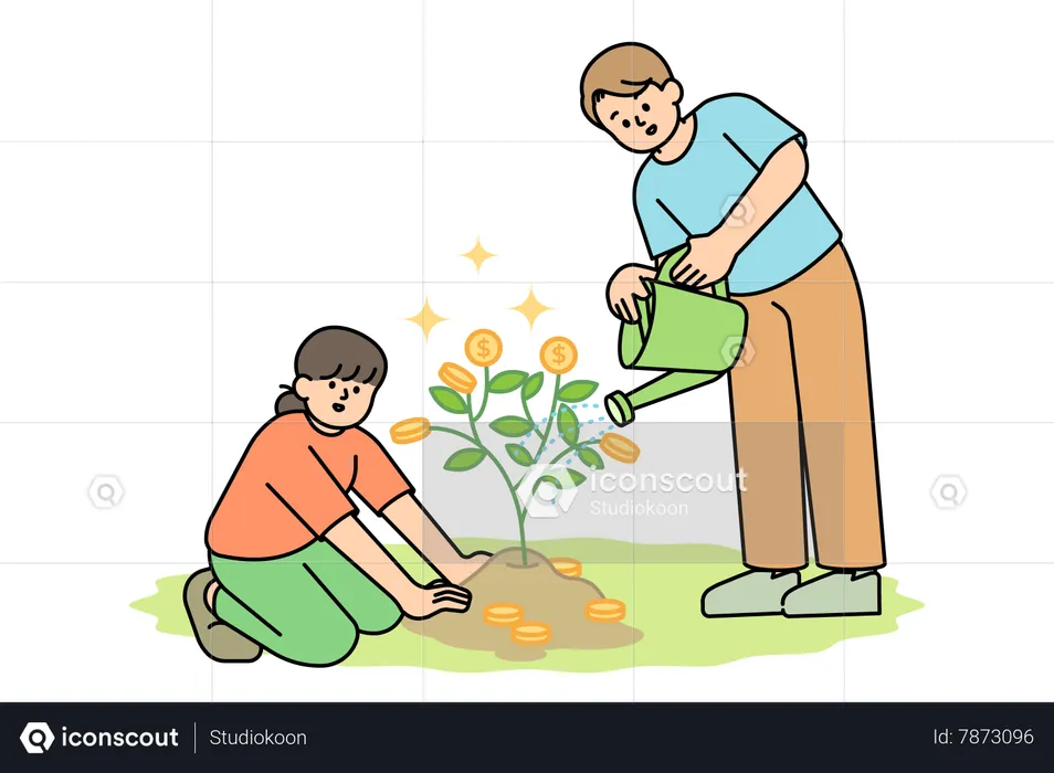 Two people are planting a money tree  Illustration