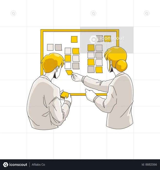 Two people creating action plan layout on sticky notes  Illustration