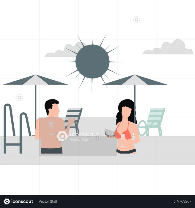 Two people enjoying drink while swimming  Illustration