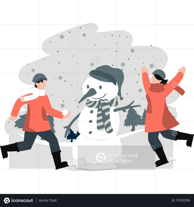 Two people making snowman and playing with snow  Illustration