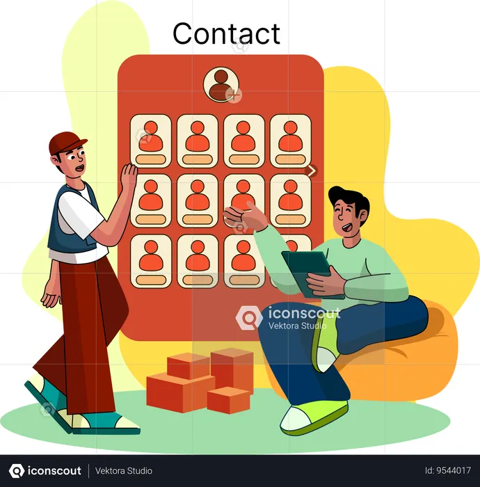 Two people managing their social and professional contacts through a digital device  Illustration