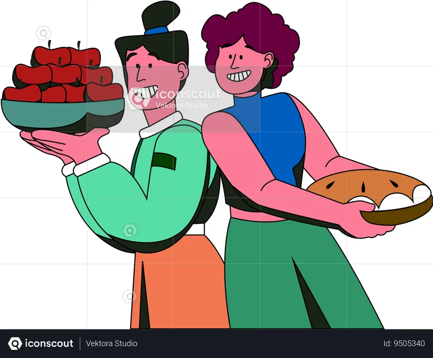 Two people present a rustic and hearty selection of Thanksgiving foods  Illustration