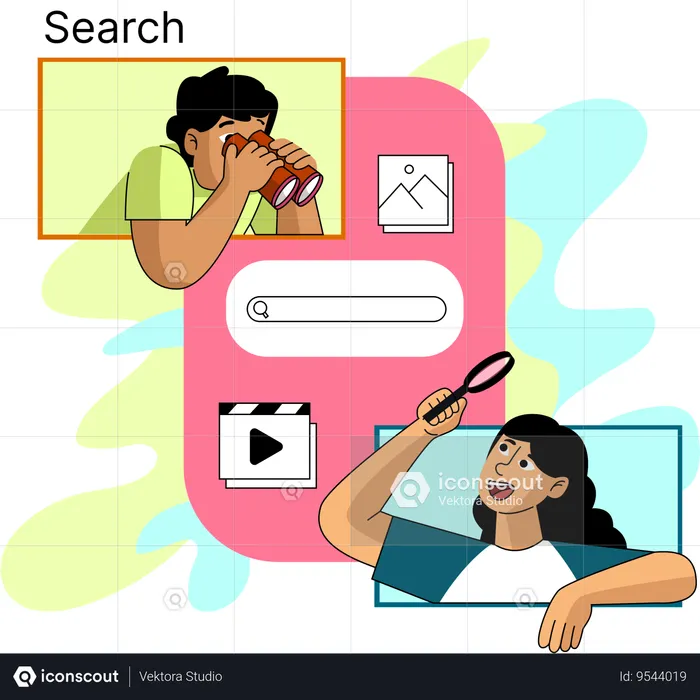 Two people using a search engine on their devices to find information  Illustration