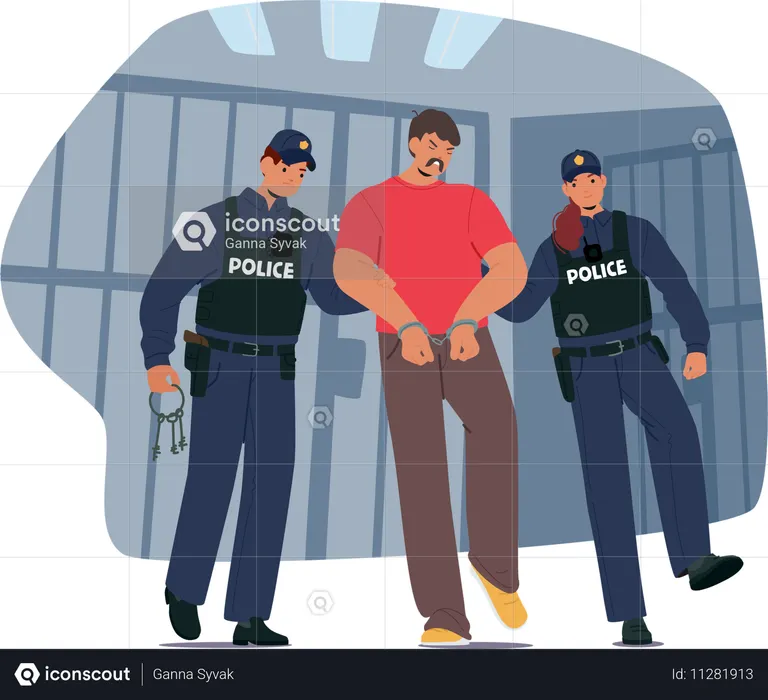 Two Police Officers Escort Handcuffed Man In Jail Setting  Illustration