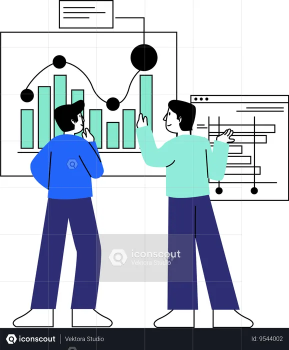 Two professionals stand discussing business metrics displayed on charts  Illustration