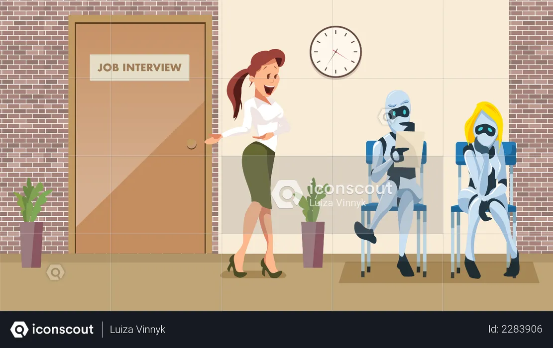 Two Robot Waiting for Job Interview in Office  Illustration