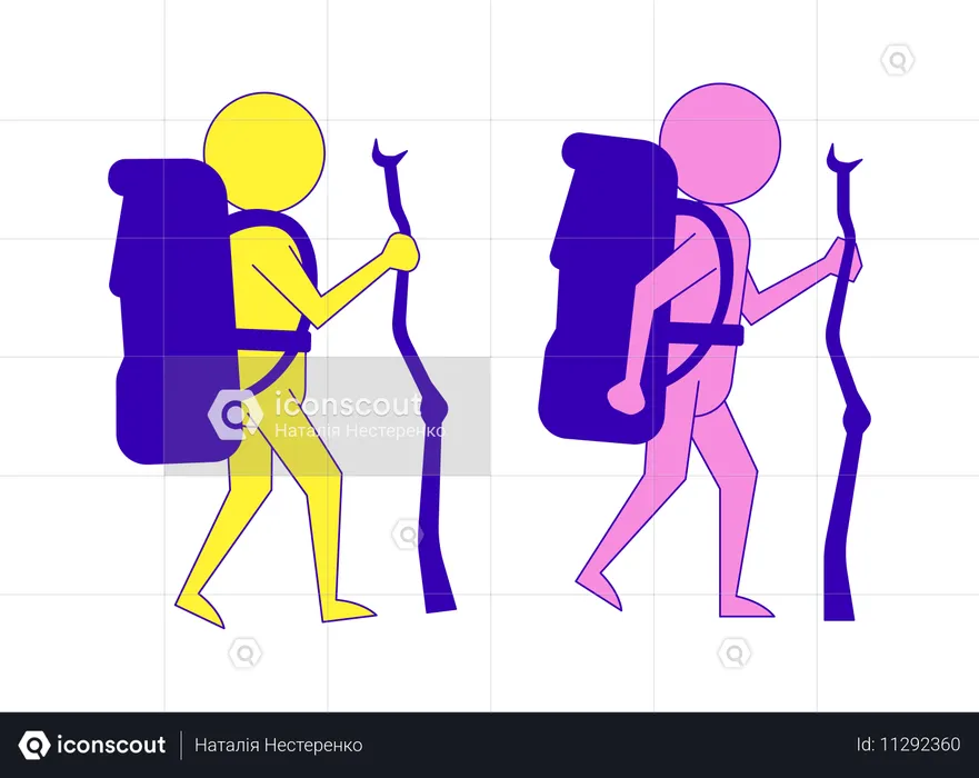 배낭과 지팡이를 든 두 명의 스틱 피규어 하이커  일러스트레이션