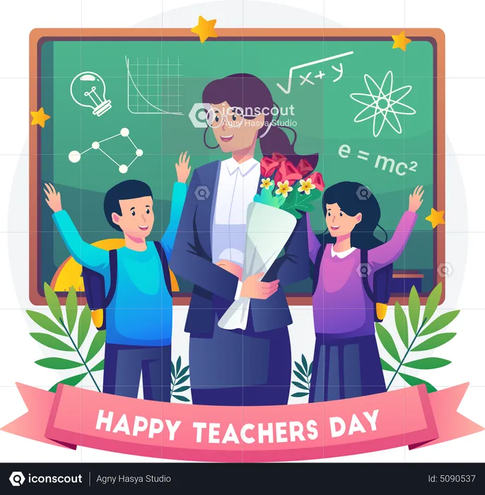 Two students give flowers to female teacher on teacher's day  Illustration