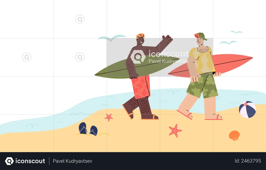 Two surfer men on vacation walking with surfboards  Illustration