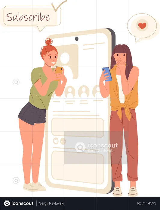 Two woman bloggers having new subscribers and receiving likes in social media  Illustration