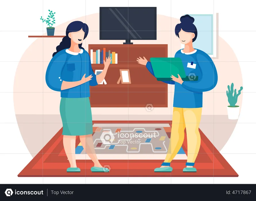 Two woman have great time at home  Illustration