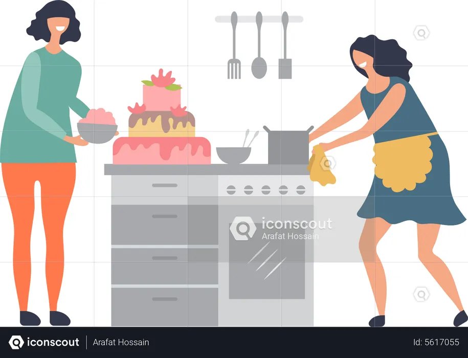 Two woman making cake in kitchen  Illustration