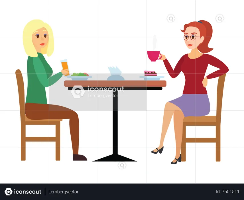 Two Woman Sit at Cafeteria Table Drink Coffee and Talking  Illustration