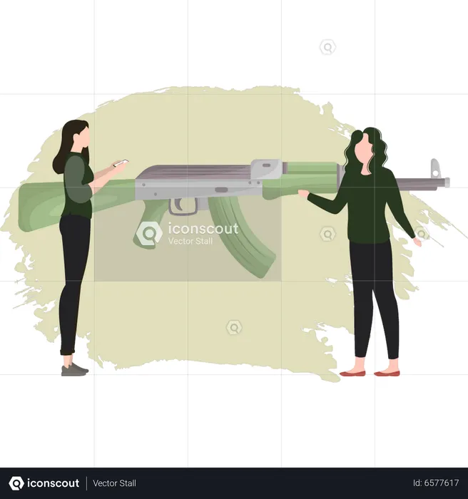 Two Woman Talking About Gun  Illustration