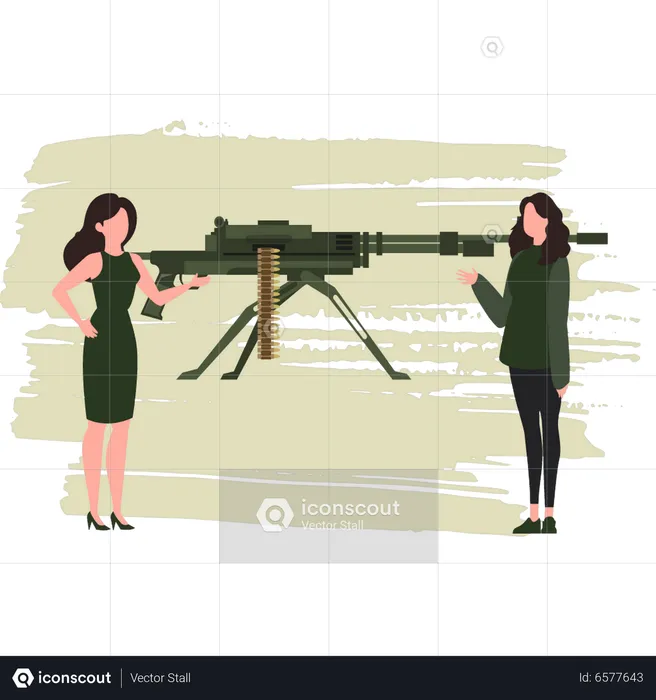 Two Woman Talking About Machine Guns  Illustration