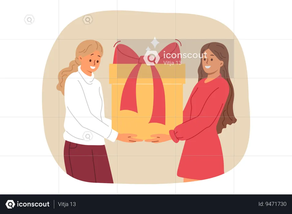 Two women are holding large gift box with red bow rushing to congratulate hero of day on birthday  Illustration