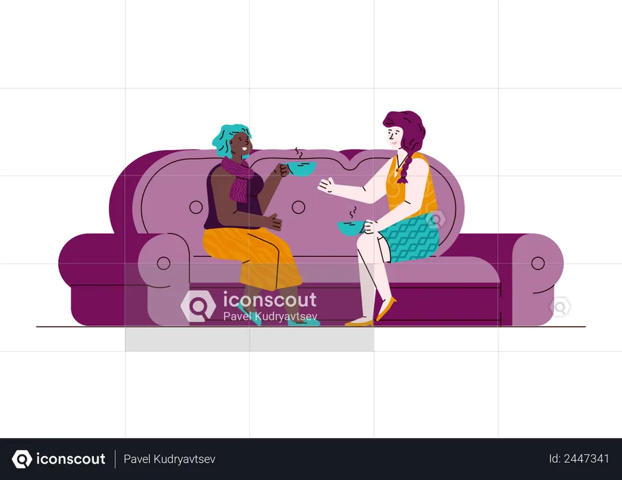 Two women chatting friendly sitting on couch and enjoying cup of tea or coffee  Illustration
