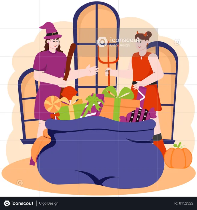 Two Women Preparing Halloween Party Gifts  Illustration