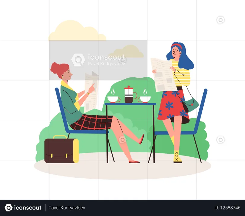 Two women reading news in daily newspapers over cup of coffee.  Illustration