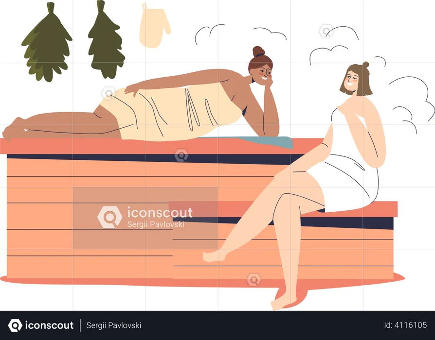 Two women relax in sauna or banya wearing towels and lying on wooden benches enjoy hot water stream  Illustration