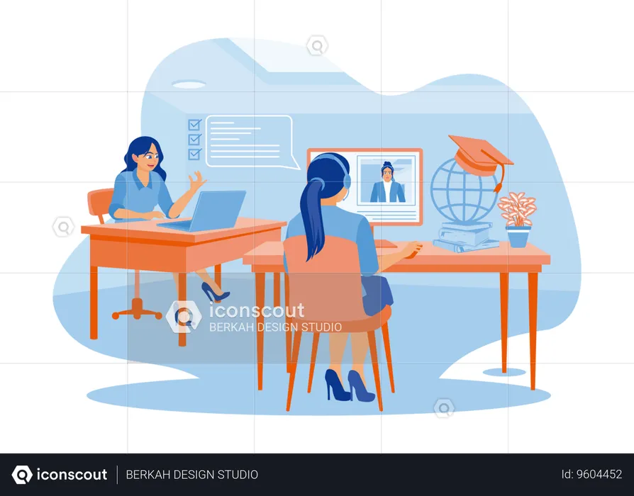 Two Women Sitting In Front Of A Computer Doing Customer Care Services  Illustration