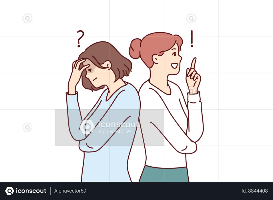 Two women solving same problem experience different emotions standing with backs to each other  Illustration