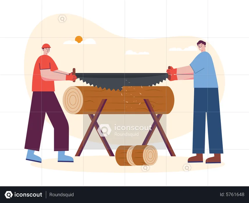 Two worker cutting wooden with big hand saw  Illustration