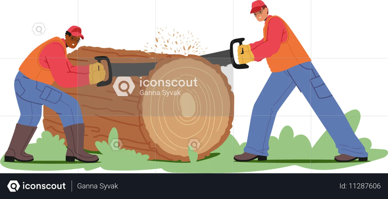 Two Workers Use Large Handsaw To Cut Through Log  Illustration