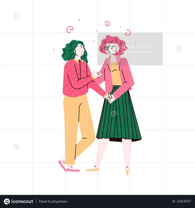 Two young girls best friends standing together  Illustration