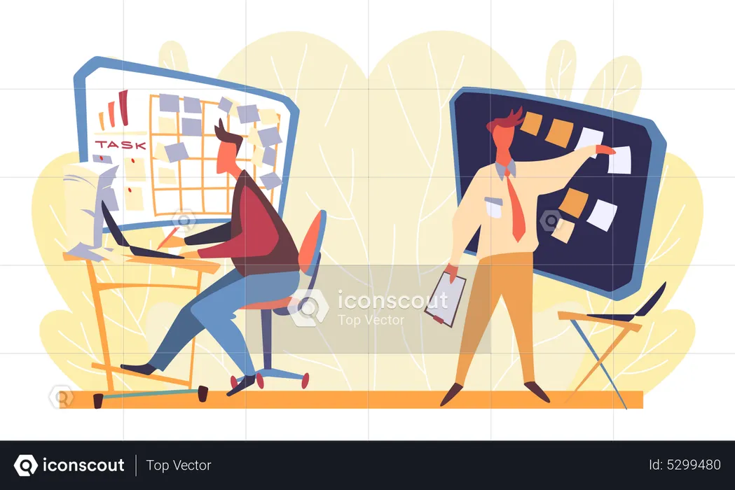 Two young men work in business office  Illustration