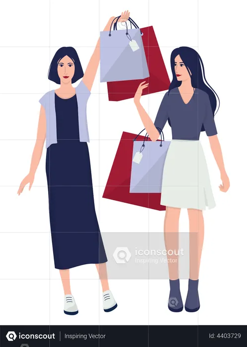 Two young woman shopping together  Illustration