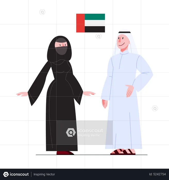 UAE citizen in national costume with a flag  Illustration