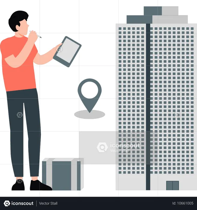 Hombre rastreando la ubicación del edificio  Ilustración