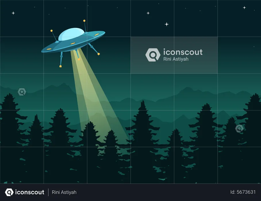 UFO flying above forest  Illustration