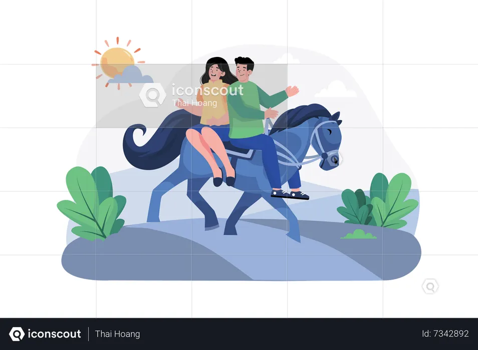 Um casal anda a cavalo por trilhas pitorescas pela manhã  Ilustração