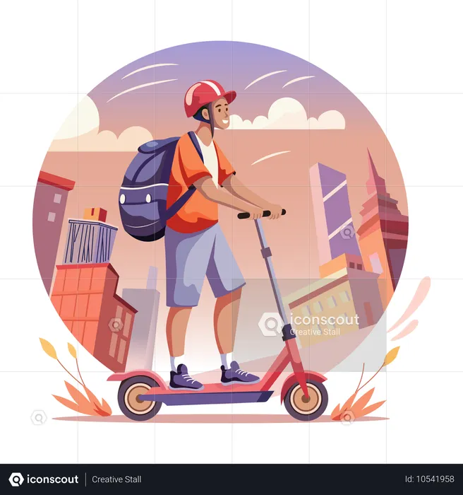 Um homem andando de scooter em uma cidade  Ilustração