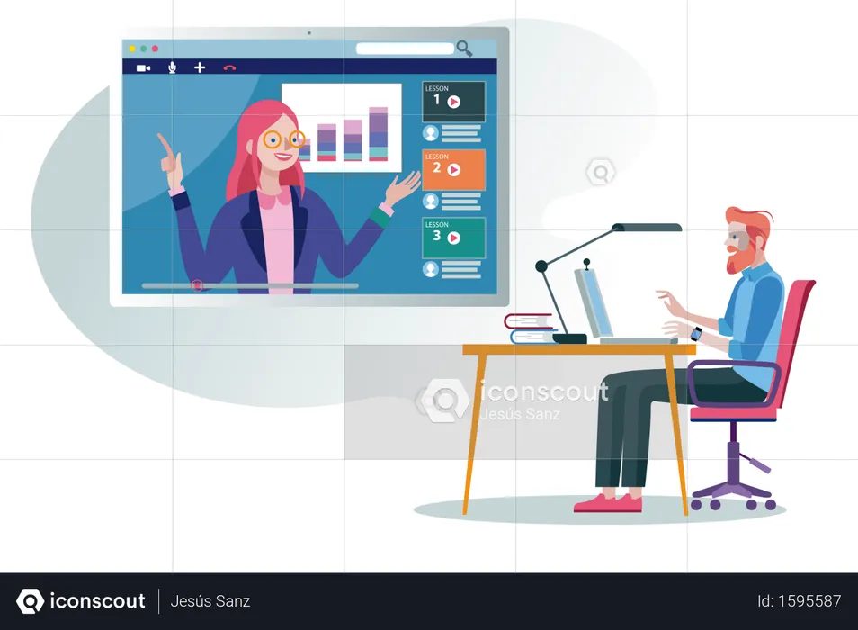 Um homem de negócios seguindo um curso de educação on-line e e-learning por meio de seu laptop com um professor profissional on-line  Ilustração