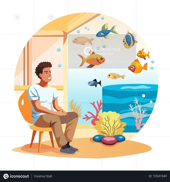 Um homem observando aquário de peixes  Ilustração