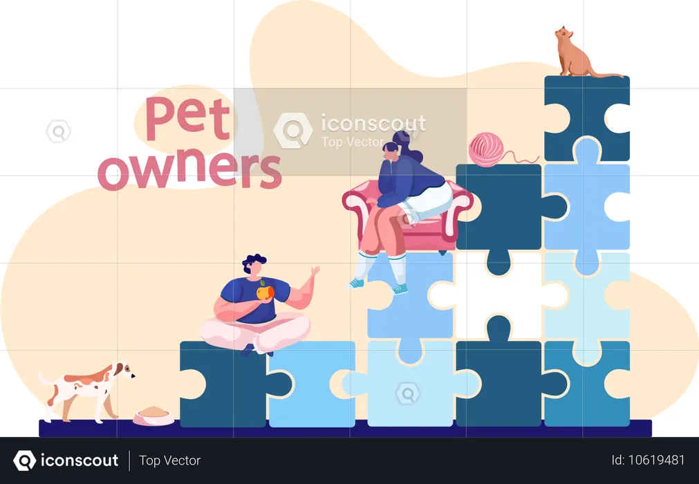 Um homem senta e conversa com uma mulher em uma cadeira ao lado de um gato e um cachorro  Ilustração